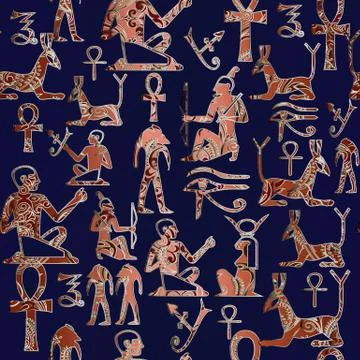 Egyptian hieroglyphs vector seamless  pattern. African ethnic dark blue backg Illustrazione stock