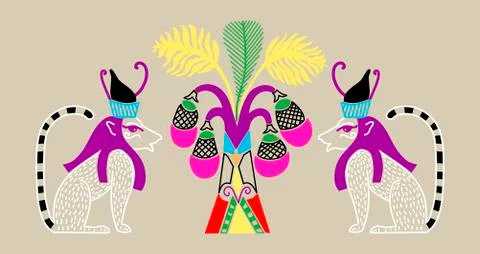 Egyptian pattern with two cat gods and a palm tree with coconuts Illustrazione stock