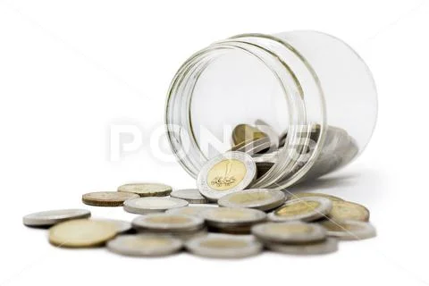 Egyptian Pounds, Coins in Jar, Isolated on White Background Stock Photos