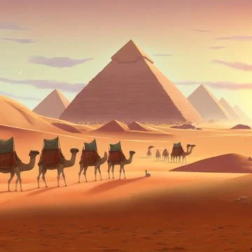 Egyptian pyramids landscape with caravan of camels Stock Illustration