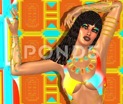 Egyptian queen adorned with gold jewelry. Stock Illustration