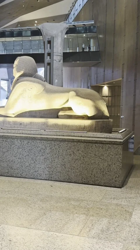 Egyptian sphinx statue displayed inside the Grand Egyptian Museum Stock Footage 335030177