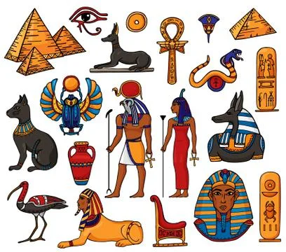 Egyptian vector pharaoh character ancient man woman god ra pyramid sphinx cat Stock Illustration