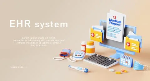 EHR system isometric 3d landing page. Healthcare data with patient medical Stock Illustration
