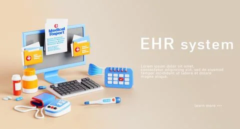 EHR system isometric 3d render web banner. Online database with patient medical Illustrazione stock