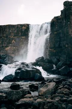 Ehsaraurfoss Falls on the Ehsarau River, the Silfra Fault, the Tingwedlire 스톡 사진