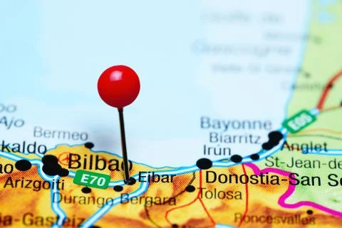 Eibar pinned on a map of Spain Stock Photos