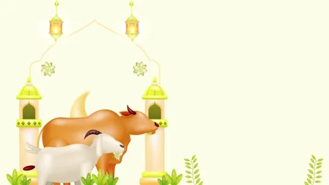 Eid Al Adha 3d vector animation. animation of goats and cows eating grass Stockbeeldmateriaal 242492481