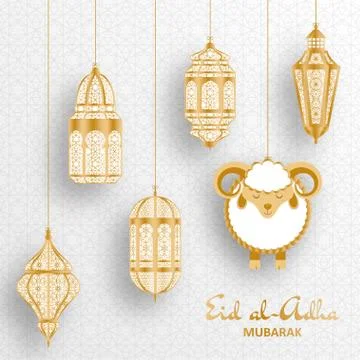 Eid Al Adha Background. Islamic Arabic lantern and sheep. Greeting card Stock Illustration