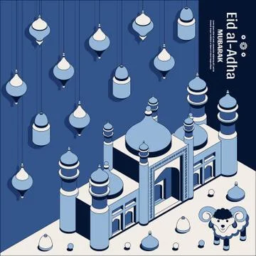 Eid al Adha Background isometric. Islamic Arabic mosque, lanterns and sheep Stock Illustration