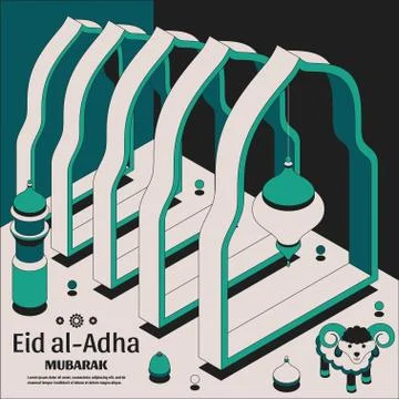 Eid al Adha Background isometric. Islamic Arabic mosque, lanterns and sheep Stock Illustration
