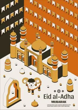 Eid al Adha Background isometric. Islamic Arabic mosque, lanterns and sheep Stock Illustration