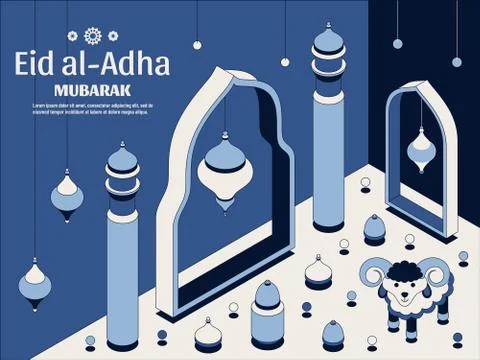 Eid al Adha Background isometric. Islamic Arabic mosque, lanterns and sheep Stock Illustration