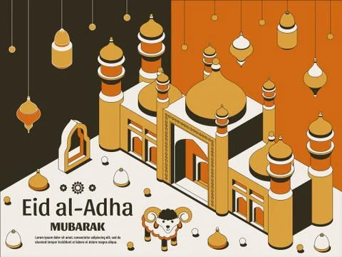Eid al Adha Background isometric. Islamic Arabic mosque, lanterns and sheep Stock Illustration