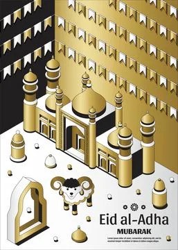 Eid al Adha Background isometric. Islamic Arabic mosque, lanterns and sheep Stock Illustration