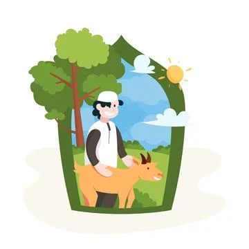 Eid al-Adha celebration vector illustration. Moslem man with goat. Stock Illustration