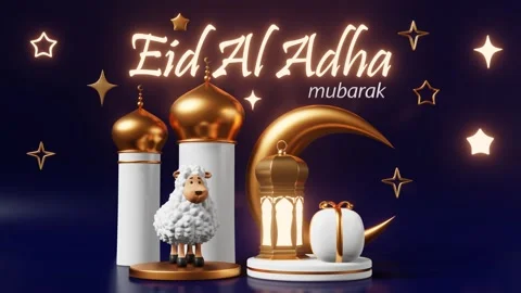Eid al-Adha greeting 3d animation loop. Islamic mosque sheep sacrifice Stock Footage 243830870