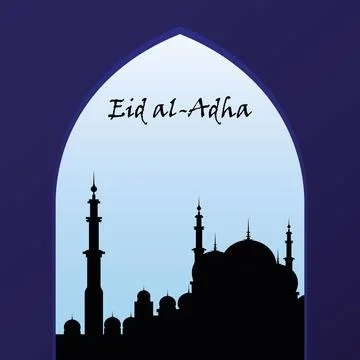 Eid Al Adha. Lettering composition of moslim holy month with mosque building. 스톡 일러스트