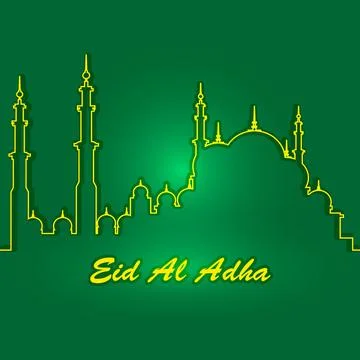 Eid Al Adha. Lettering composition of moslim holy month with mosque building. Stock Illustration