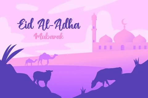 Eid Al Adha Mubarak Flat Illustration with Animals and Mosque Background Illustration