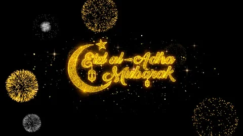 Eid al-Adha mubarak Text Wish Reveal on Glitter Golden Particles Firework. Stock Footage 116268013