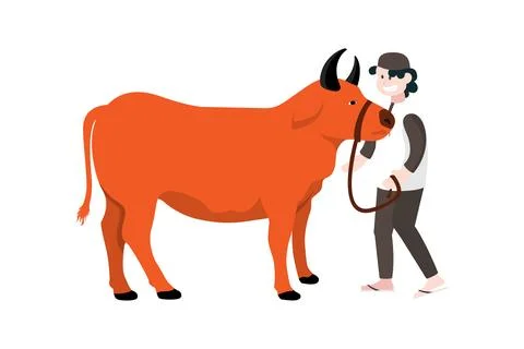 Eid Al Adha Mubarak vector illustration. Muslim Man Pulling Cow for Sacrifi.. Stock Illustration