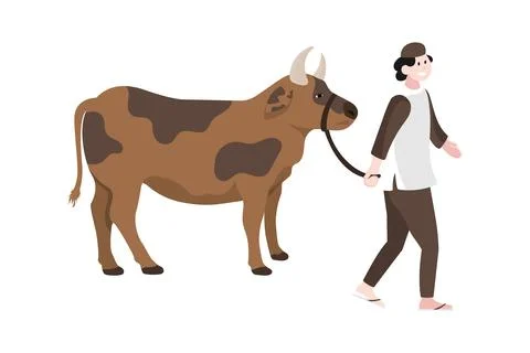 Eid Al Adha Mubarak vector illustration. Muslim Man Pulling Cow for Sacrifi.. Stock Illustration