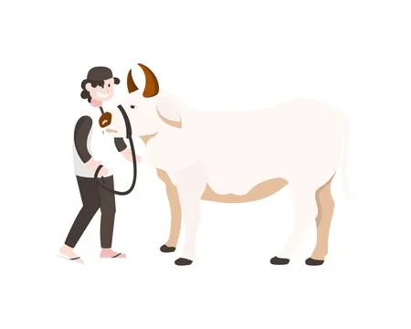 Eid Al Adha Mubarak vector illustration. Muslim Man Pulling Cow for Sacrifi.. Illustrazione stock
