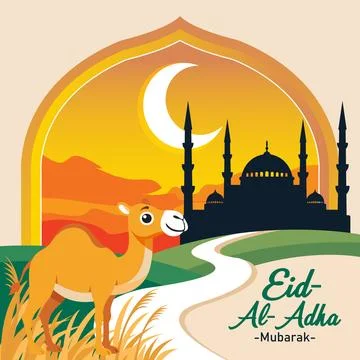 Eid Al Adha Mubarak Vector Illustration with Camel and Mosque Silhouette イラスト素材