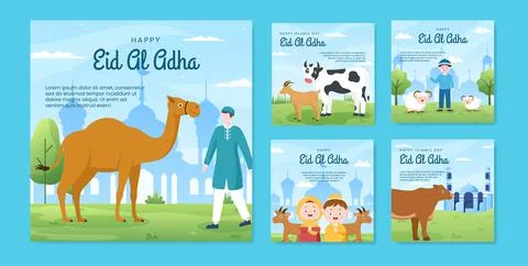 Eid al Adha Post Template Social Media Flat Cartoon Background Illustration Stock Illustration
