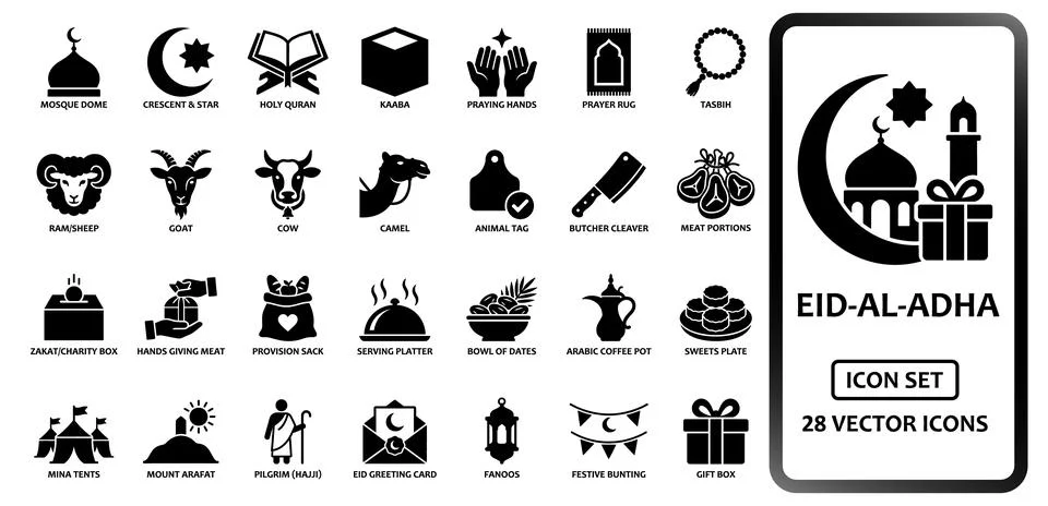 Eid-al-Adha solid icon set. Featuring mosque, crescent moon, holy quran, ka.. Illustrazione stock
