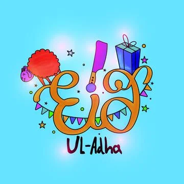 Eid-Al-Adha Text with creative elements like Sheep, Cleaver Knife and Gift .. Stock Illustration