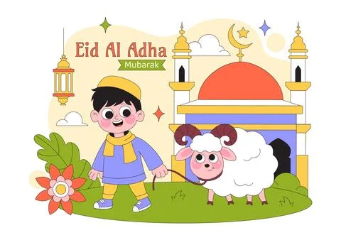 Eid Al Adha Vector Illustration Featuring Muslim Children, Mosque Backgroun.. Stock Illustration