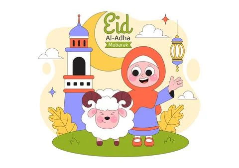 Eid Al Adha Vector Illustration Featuring Muslim Children, Mosque Backgroun.. Stock Illustration