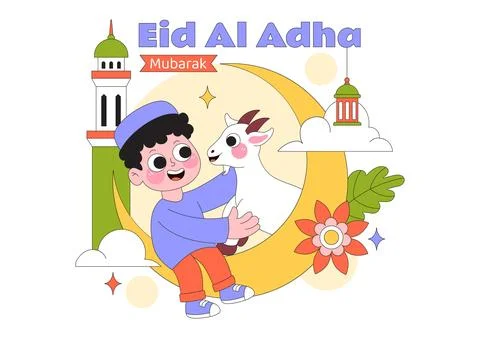 Eid Al Adha Vector Illustration Featuring Muslim Children, Mosque Backgroun.. Stock Illustration