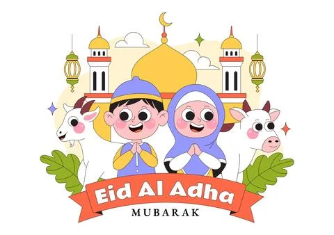 Eid Al Adha Vector Illustration Featuring Muslim Children, Mosque Backgroun.. Stock Illustration