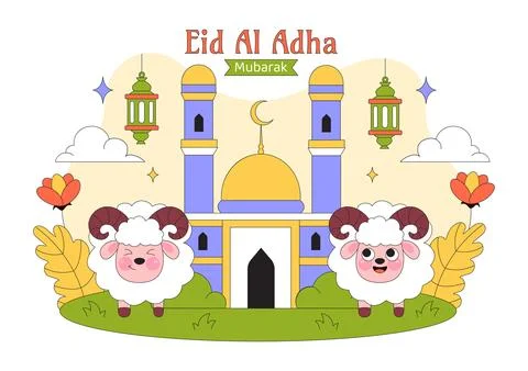 Eid Al Adha Vector Illustration Featuring Muslim Children, Mosque Backgroun.. Stock Illustration