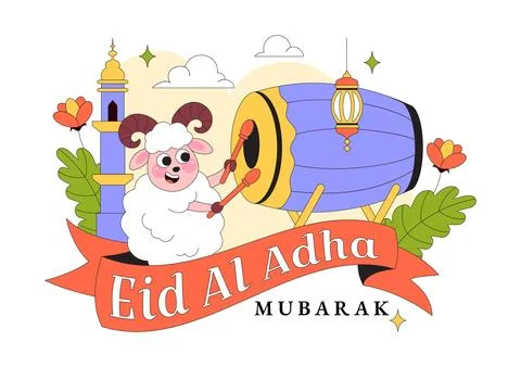 Eid Al Adha Vector Illustration Featuring Muslim Children, Mosque Backgroun.. Stock Illustration
