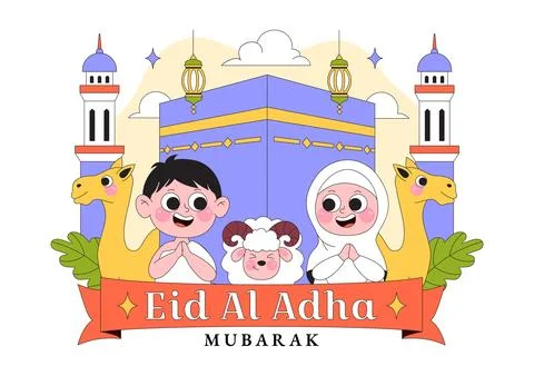 Eid Al Adha Vector Illustration Featuring Muslim Children, Mosque Backgroun.. Stock Illustration