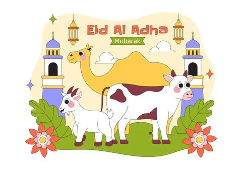 Eid Al Adha Vector Illustration Featuring Muslim Children, Mosque Backgroun.. Stock Illustration
