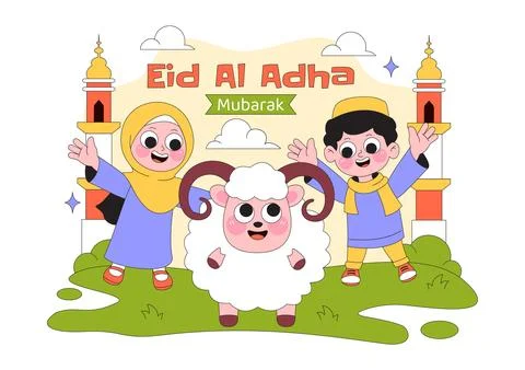 Eid Al Adha Vector Illustration Featuring Muslim Children, Mosque Backgroun.. Stock Illustration