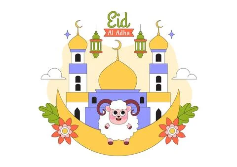 Eid Al Adha Vector Illustration Featuring Muslim Children, Mosque Backgroun.. Stock Illustration