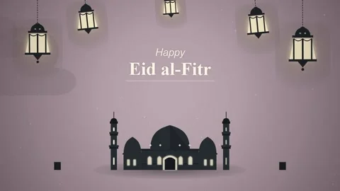 Eid al-Fitr Day text animation with mosque silhouette and hanging lanterns Stock Footage 337448954