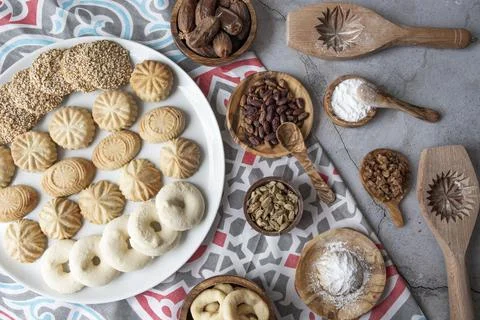Eid al Fitr a different types of baked sweet Fabulous Kahk  Eid Cookies Stock Photos