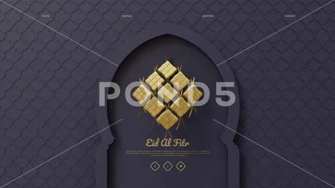 Eid Al Fitr Landing Page Template With Ketupat 3D Render Illustration And Bla PSD Template