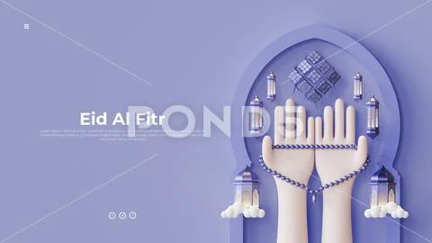 Eid Al Fitr Landing Page Template With Pray Hand Gesture 3D Render Illustrati PSD Template