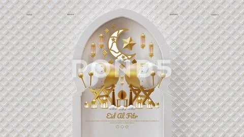 Eid Al Fitr Web Page Template With Crescent 3D Render Illustration PSD Template