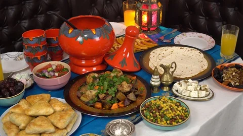 Eid, Iftar, breaking the Ramadan fast. Traditional Eastern meals Stock Footage 128567865