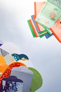 Eid Money Envelopes With Ringgit Notes Stock Photos