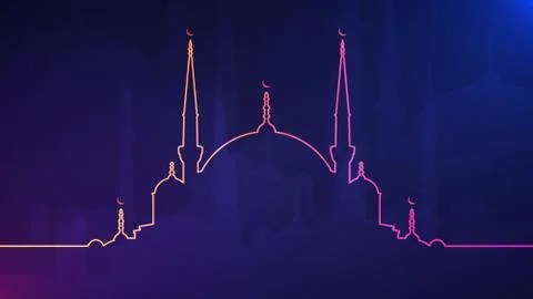 Eid Mubarak abstract light background with glowing neon colored mosque silhou Stock Illustration